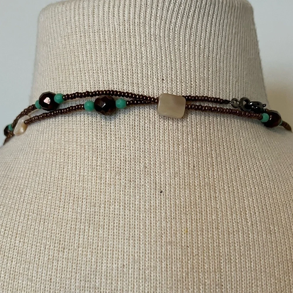 Brown, Teal and Tan/Cream Beaded Necklace.